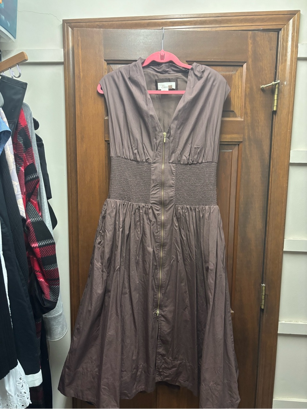 Anthropologie Brown Smocked Waist Zip-Front Midi Dress